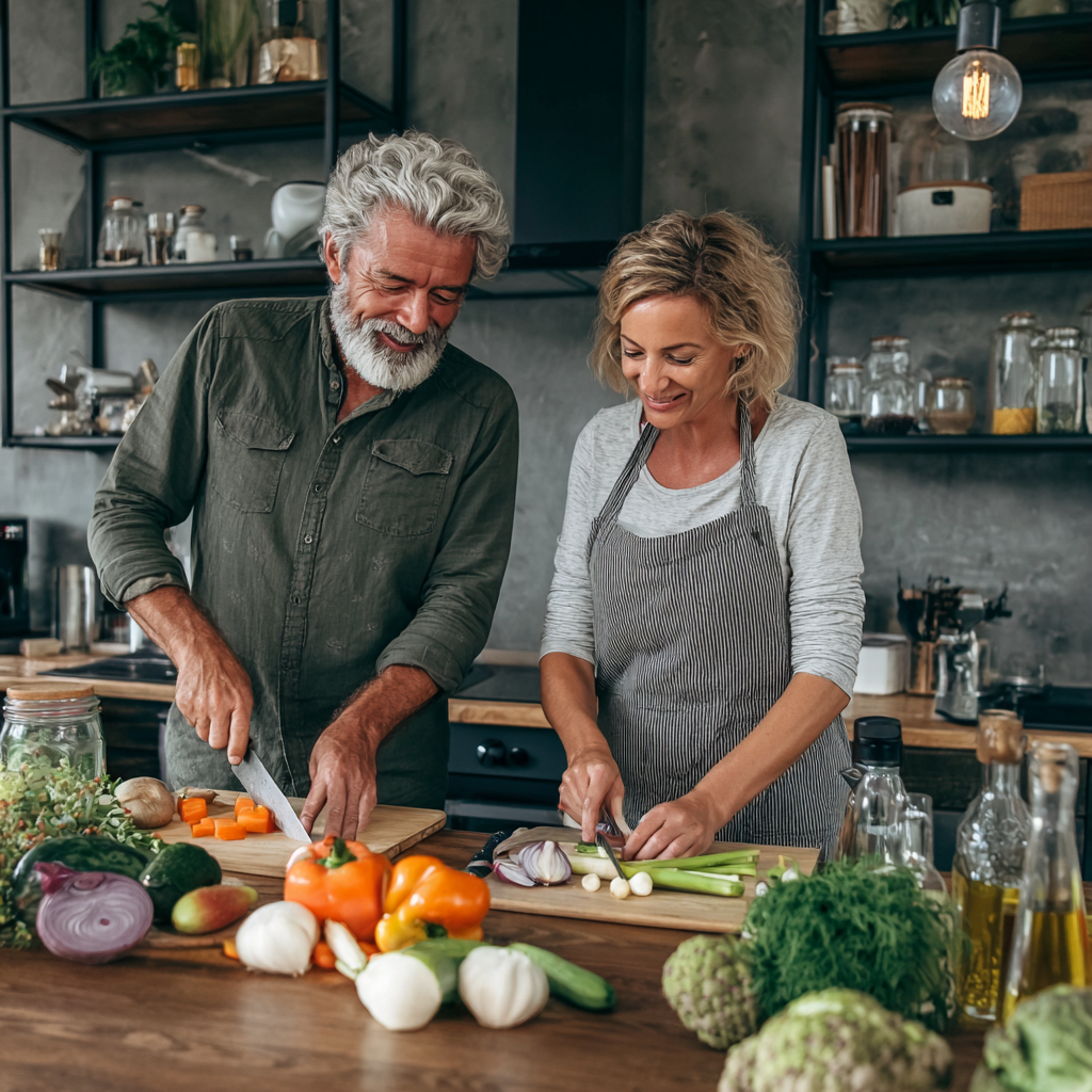 Middle-aged adults preparing healthy meals in modern kitchen with fresh ingredients