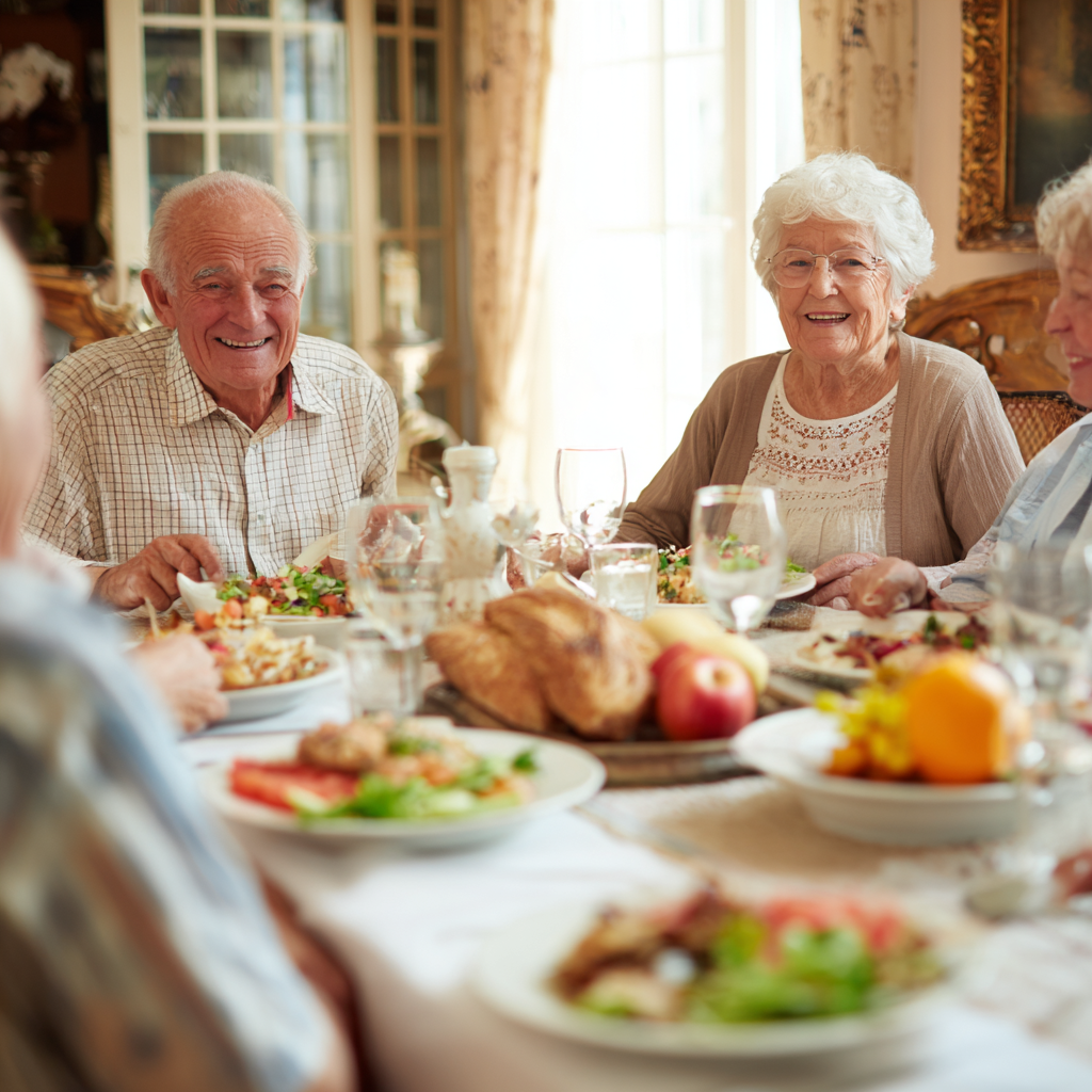 Older adults enjoying nutritious meal together in bright dining room with natural lighting